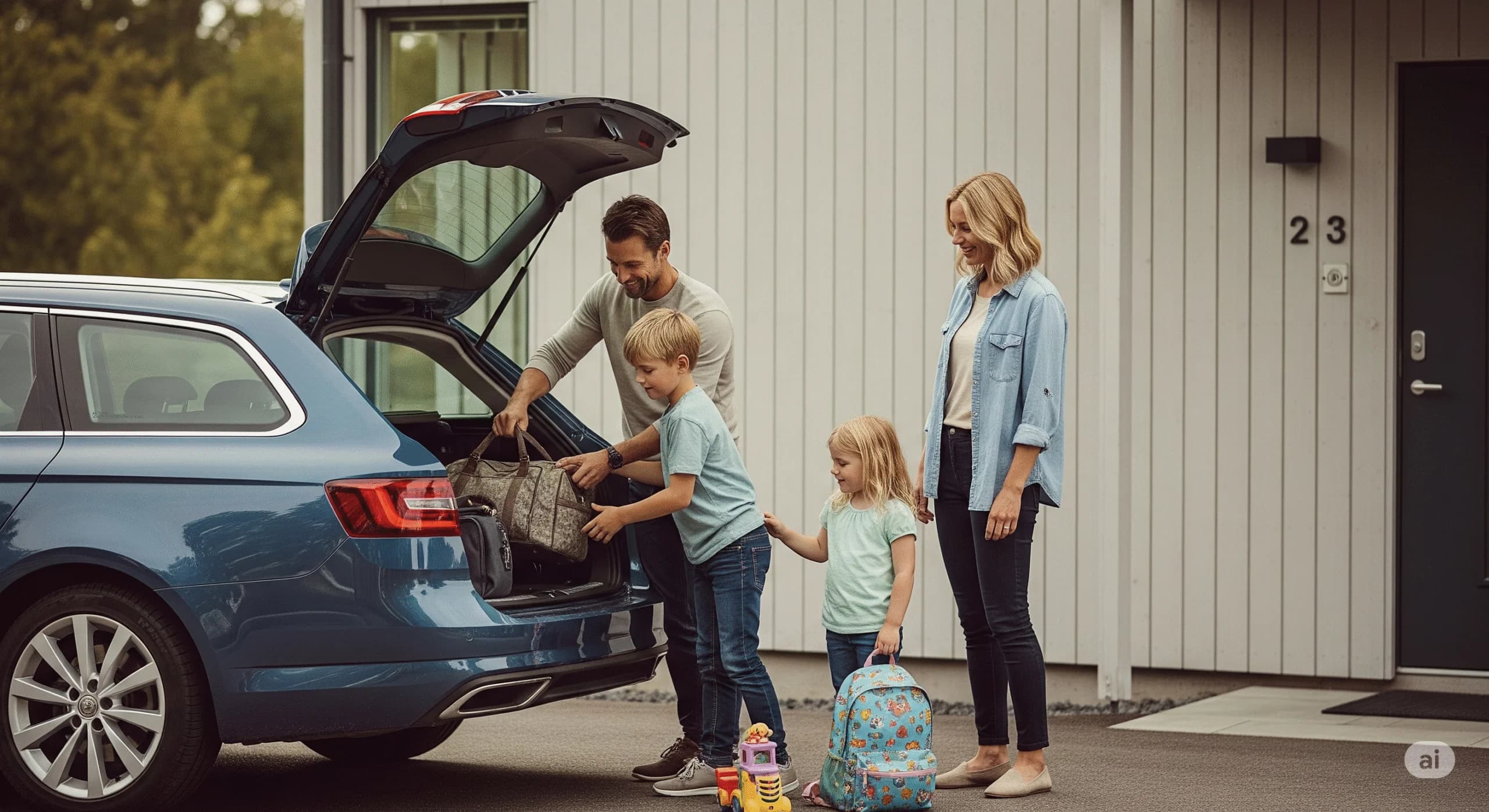 En glad familj som packar sin moderna och säkra familjebil, en mörkblå kombi, inför en utflykt.