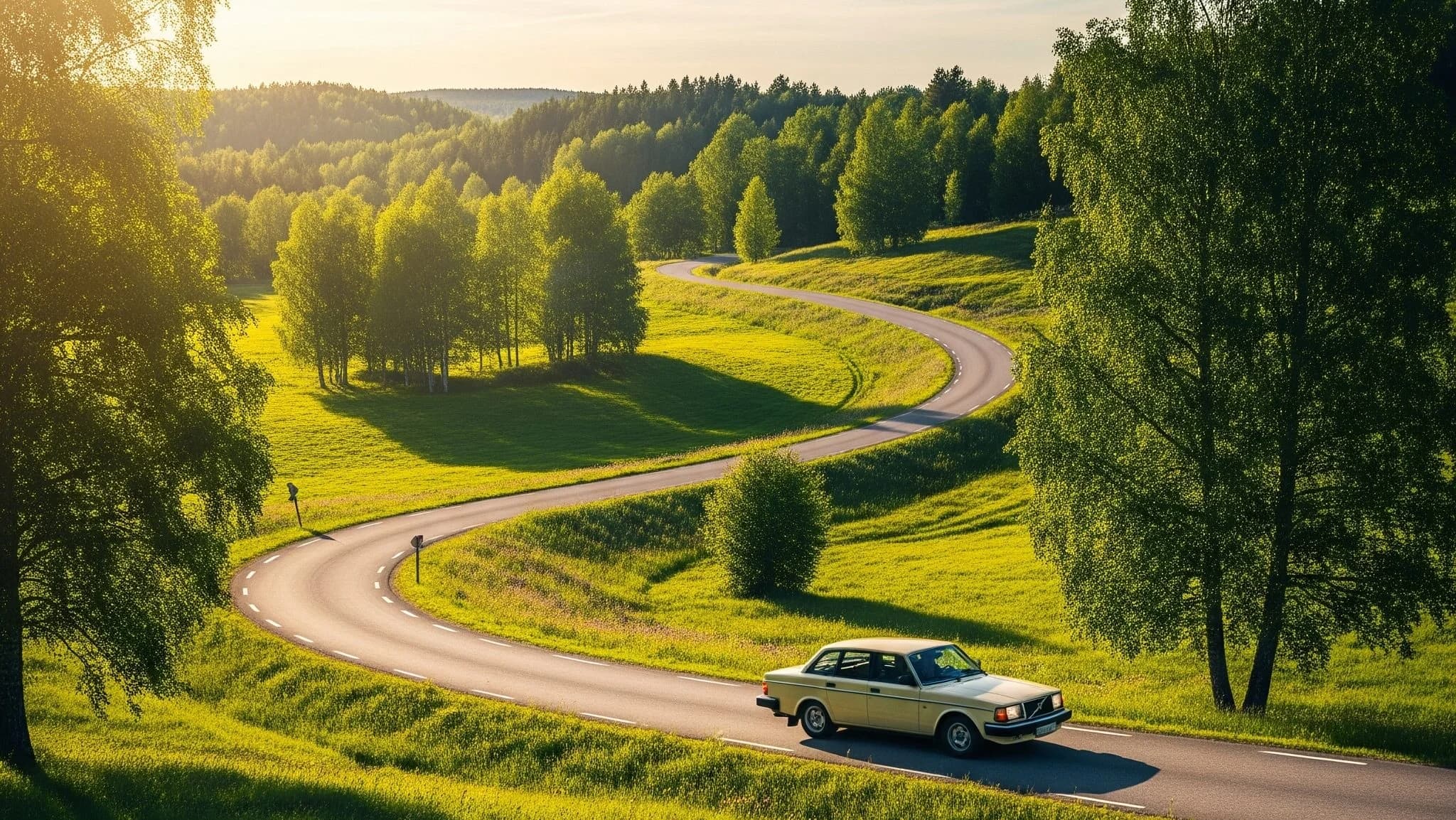 Bil med takbox kör på en vacker svensk landsväg en sommardag.