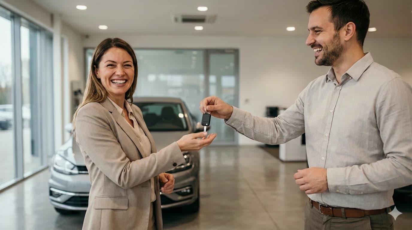 Glad person som tar emot nycklarna till sin nyköpta begagnade bil.