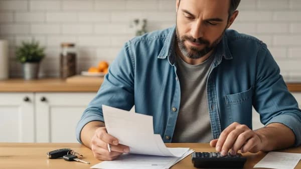 Person som planerar sin bilbudget med miniräknare och bilnycklar.