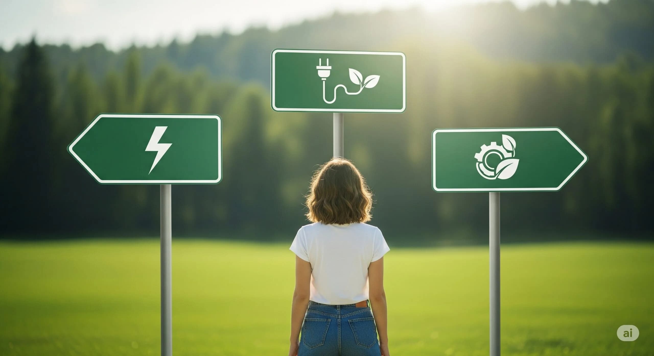 Person som väljer mellan elbil, laddhybrid och hybrid vid ett vägskäl.