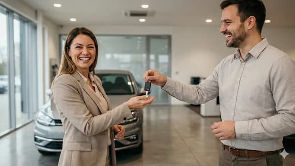 Glad person som tar emot nycklarna till sin nyköpta begagnade bil.