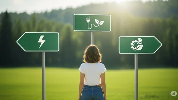 Person som väljer mellan elbil, laddhybrid och hybrid vid ett vägskäl.