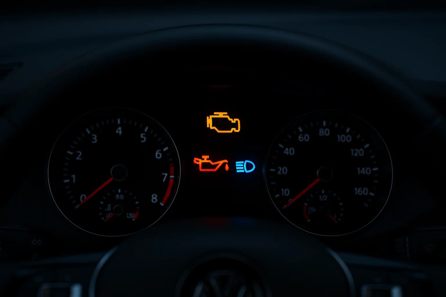 Närbild på en modern bils instrumentpanel där flera varningslampor lyser, inklusive motorlampan och oljetryckslampan.