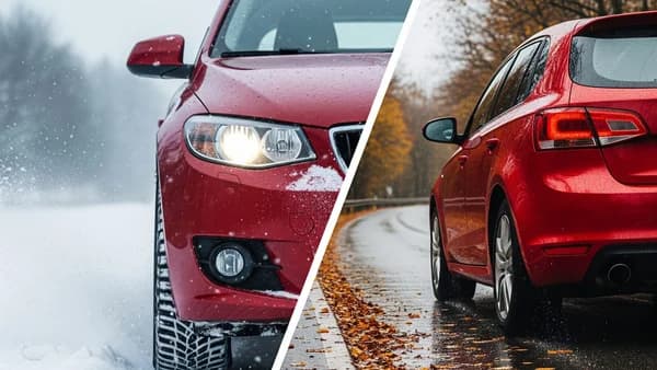 Jämförelse mellan ett vinterdäck på snö och ett allrounddäck på våt väg.