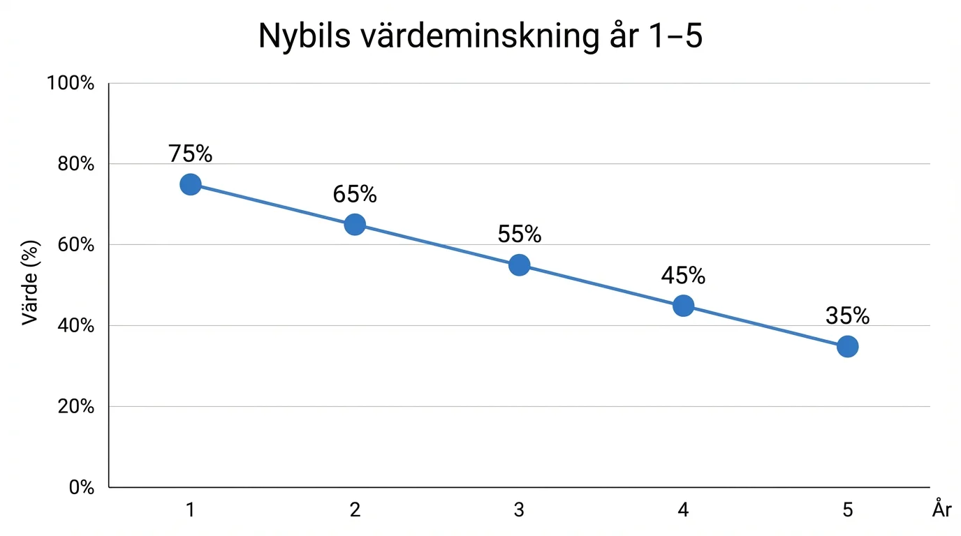 Graf som visar en bils värdeminskning över tid, där det största tappet sker första året.