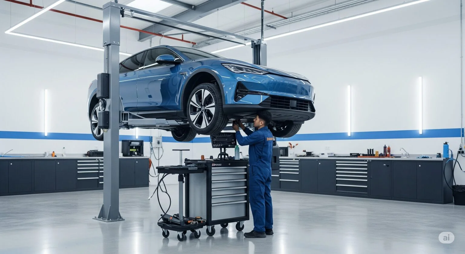 Mekaniker som utför service och byter olja på en bil i en verkstad.