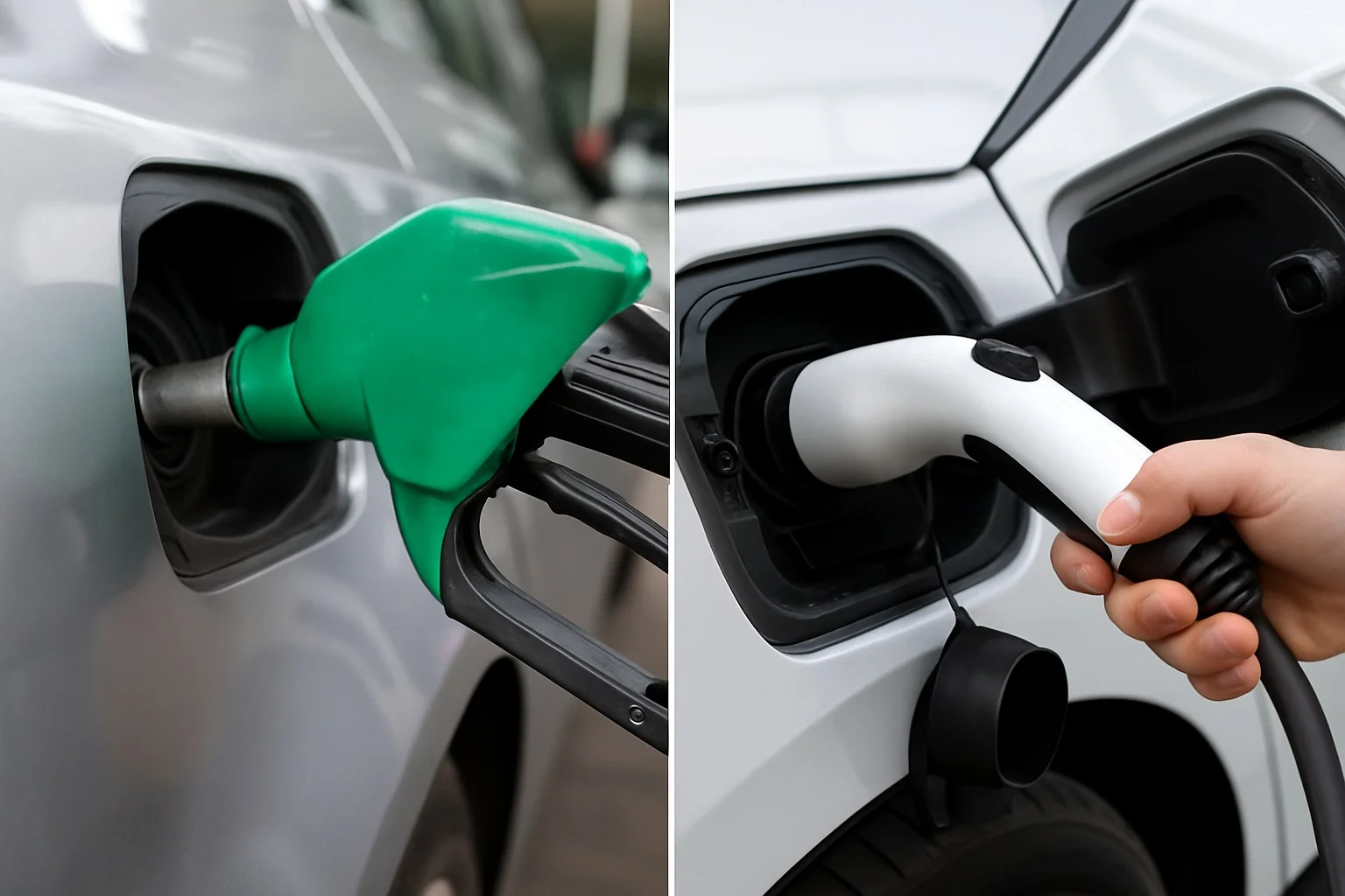 Jämförelse mellan att tanka en bensinbil och att ladda en elbil.