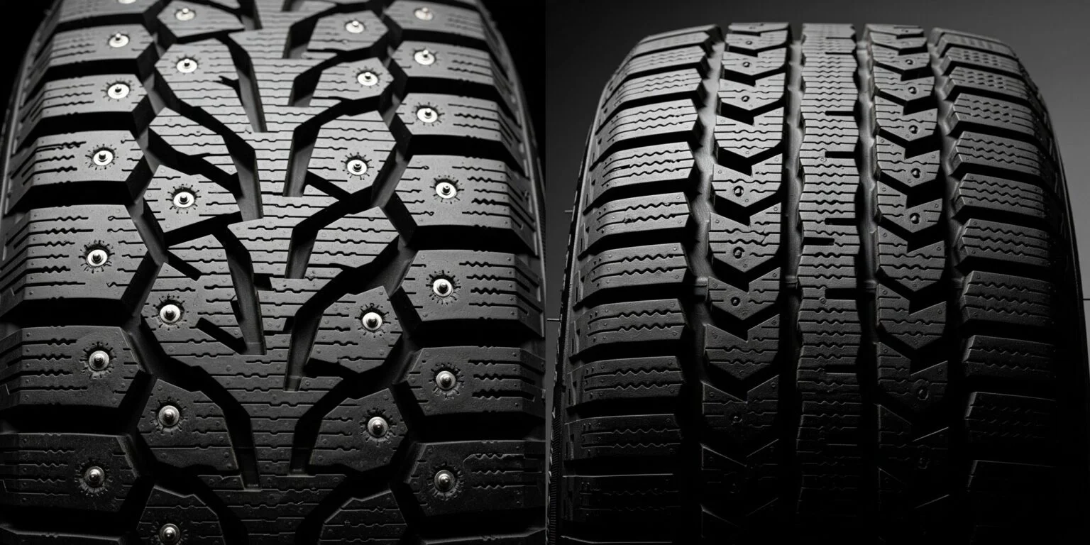 Närbild på ett dubbdäck bredvid ett dubbfritt nordiskt friktionsdäck.