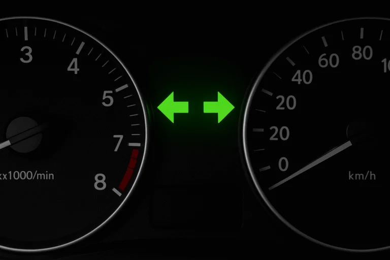 Närbild på de gröna blinkerspilarna på en instrumentpanel.