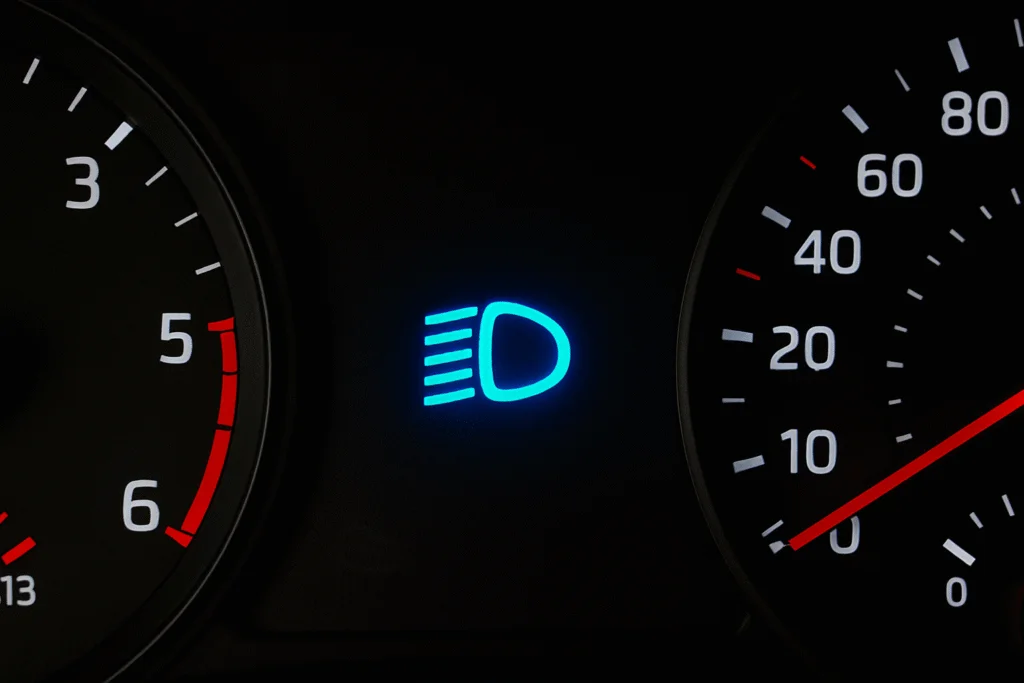 Närbild på den blå informationslampan för påslaget helljus, som ser ut som en strålkastare.