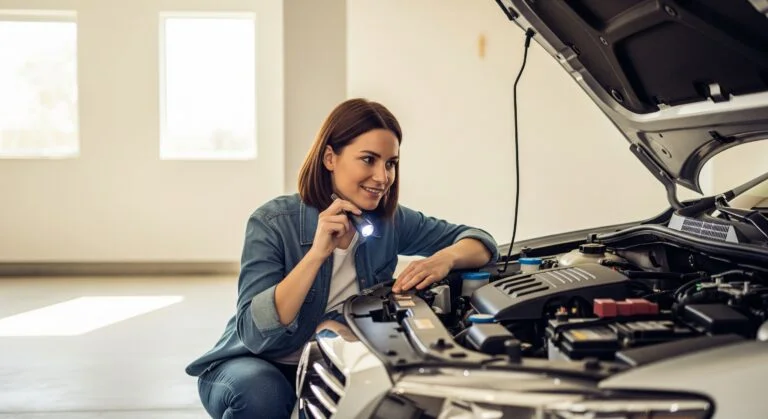Person som som gör inspektion under motorhuven med en ficklampa på en begagnad bil inför ett köp.