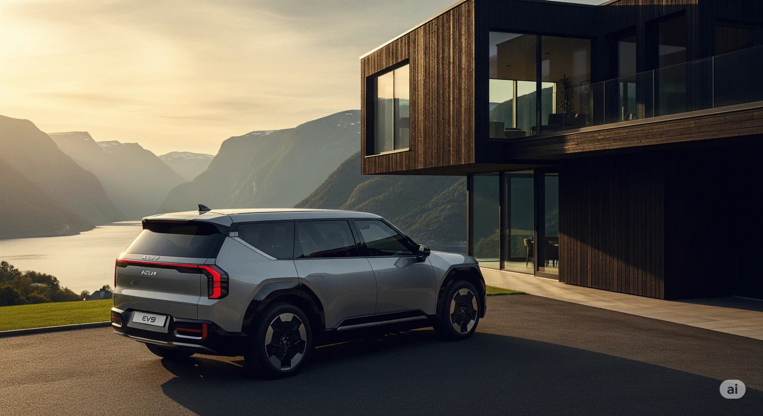 En silverfärgad Kia EV9, en stor elektrisk SUV, parkerad i ett modernt bostadsområde.