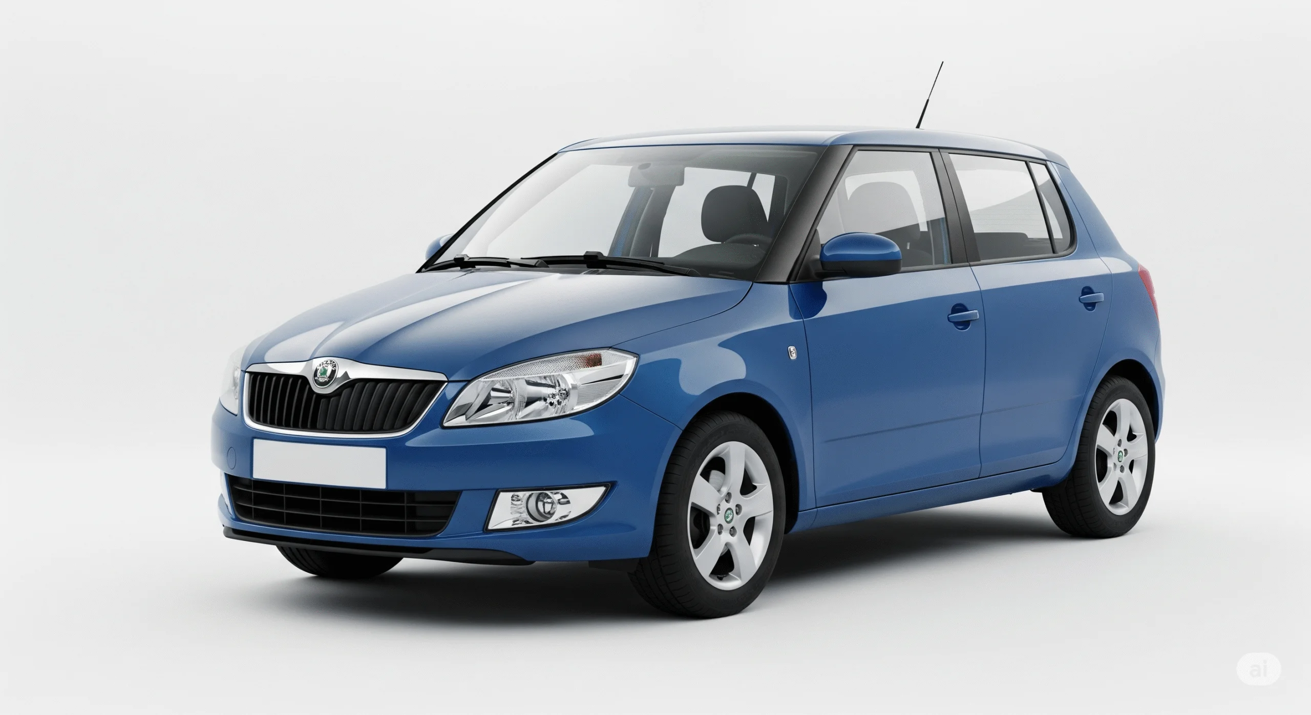 En blå Skoda Fabia, en rymlig och praktisk begagnad bil.