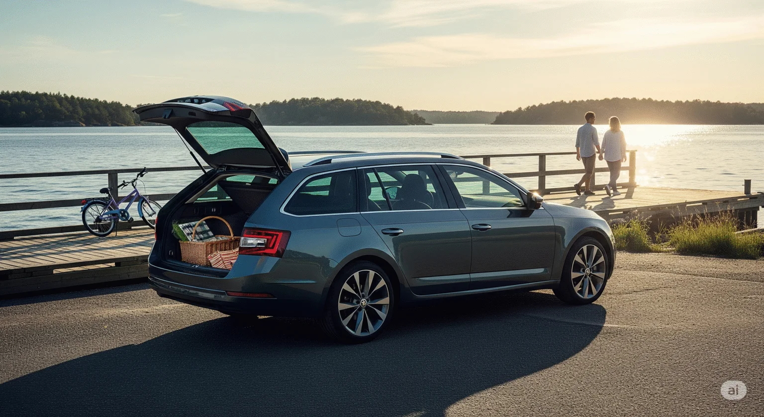 En blågrå Skoda Octavia Combi parkerad med den rymliga bakluckan öppen, som visar dess stora lastutrymme.