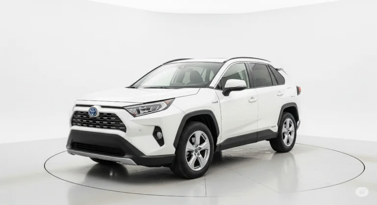 En vit Toyota RAV4 Hybrid, en pålitlig och driftsäker begagnad SUV för familjen.
