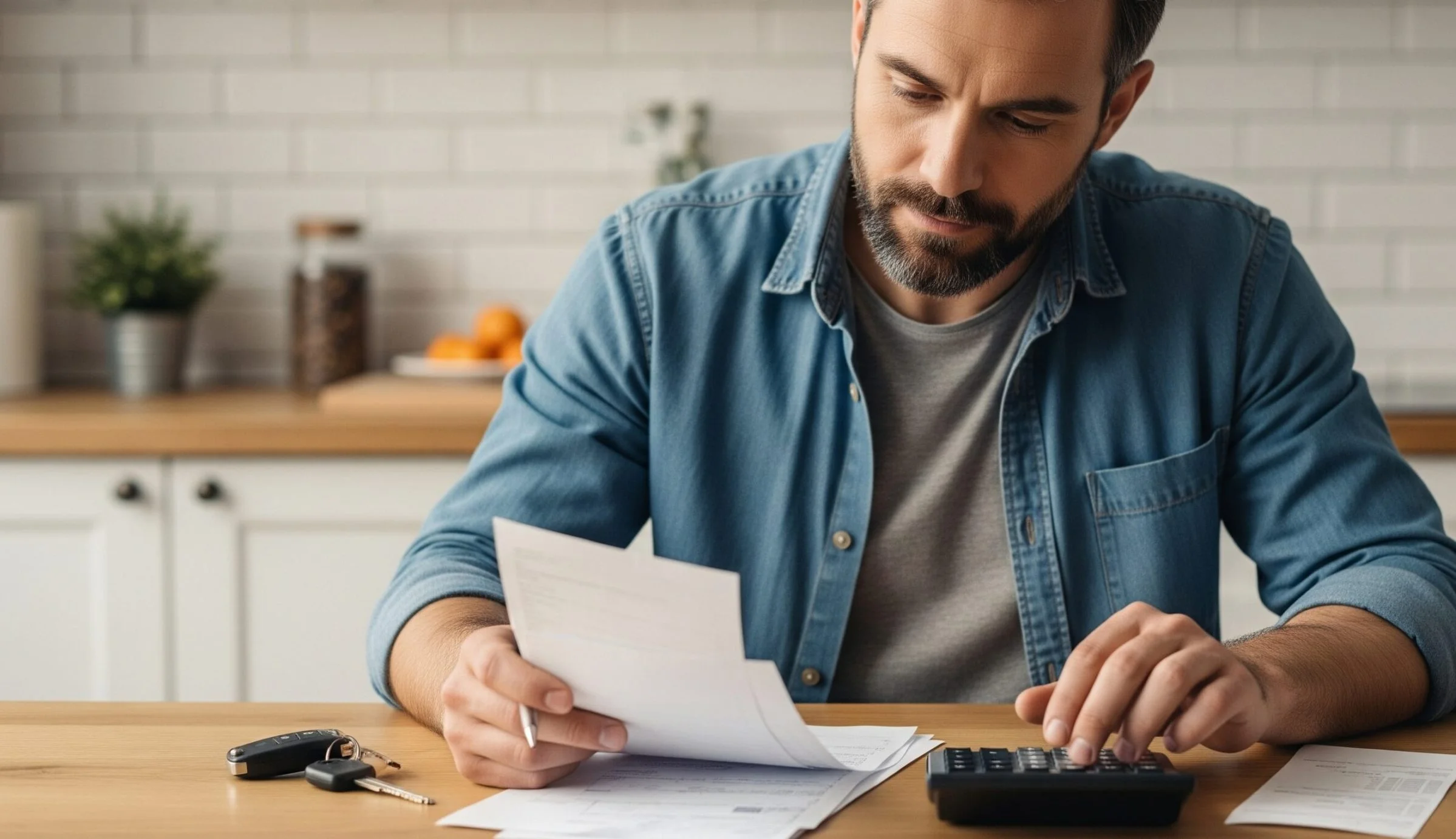 Person som planerar sin bilbudget med miniräknare och bilnycklar.