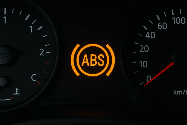 Närbild på den gula varningslampan för ABS-systemet, som visar texten ABS i en cirkel.