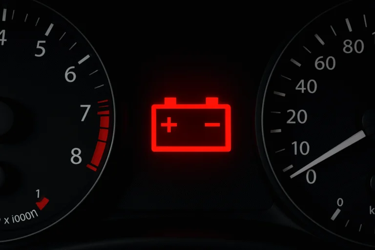 Närbild på den röda varningslampan för batteri och laddningssystem, som ser ut som ett bilbatteri.