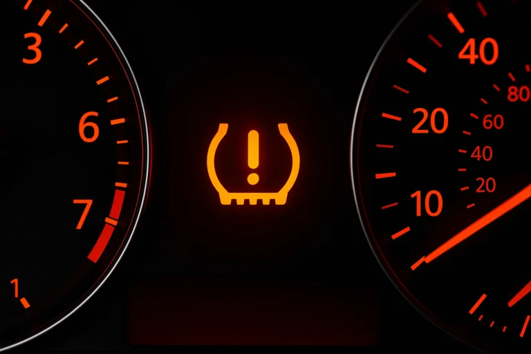 Närbild på den gula varningslampan för lågt däcktryck, som ser ut som ett däck i genomskärning med ett utropstecken.