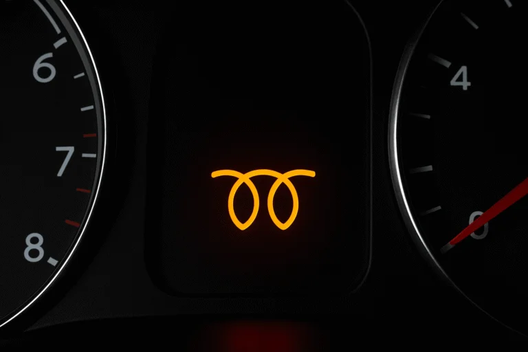 Närbild på den gula varningslampan för glödstiften, som ser ut som en spiral.