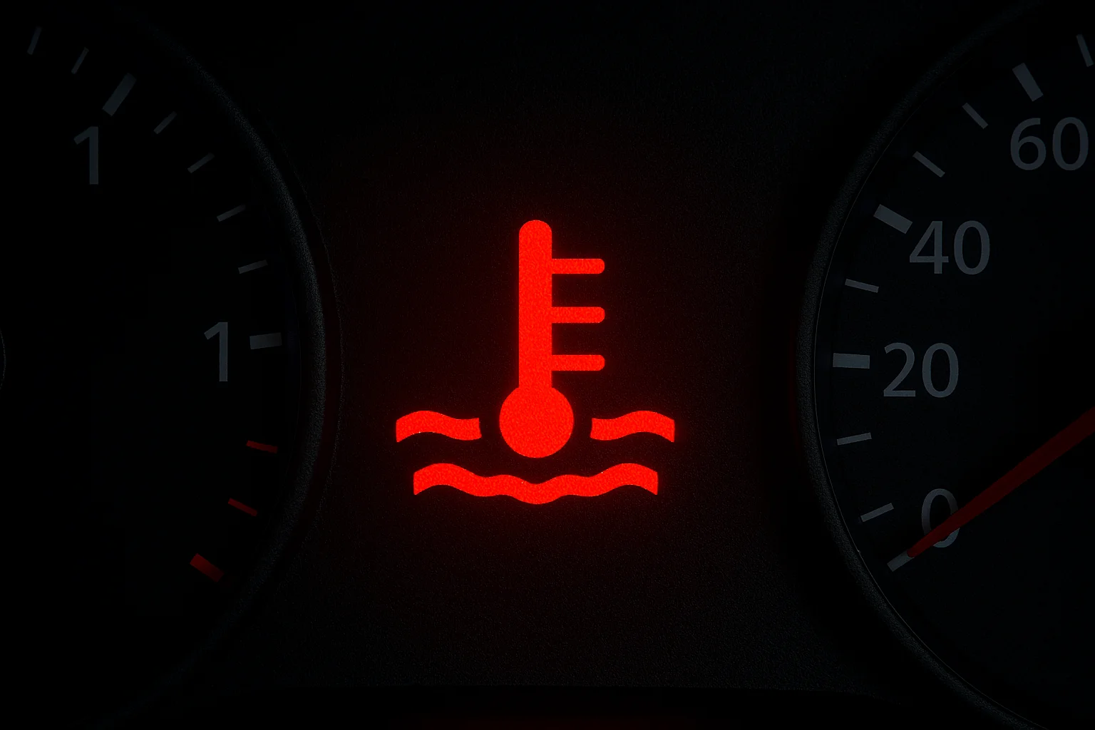 Närbild på den röda varningslampan för hög motortemperatur, som ser ut som en termometer i vatten.