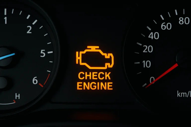 Närbild på den gula varningslampan för motorn, även känd som Check Engine-lampan.