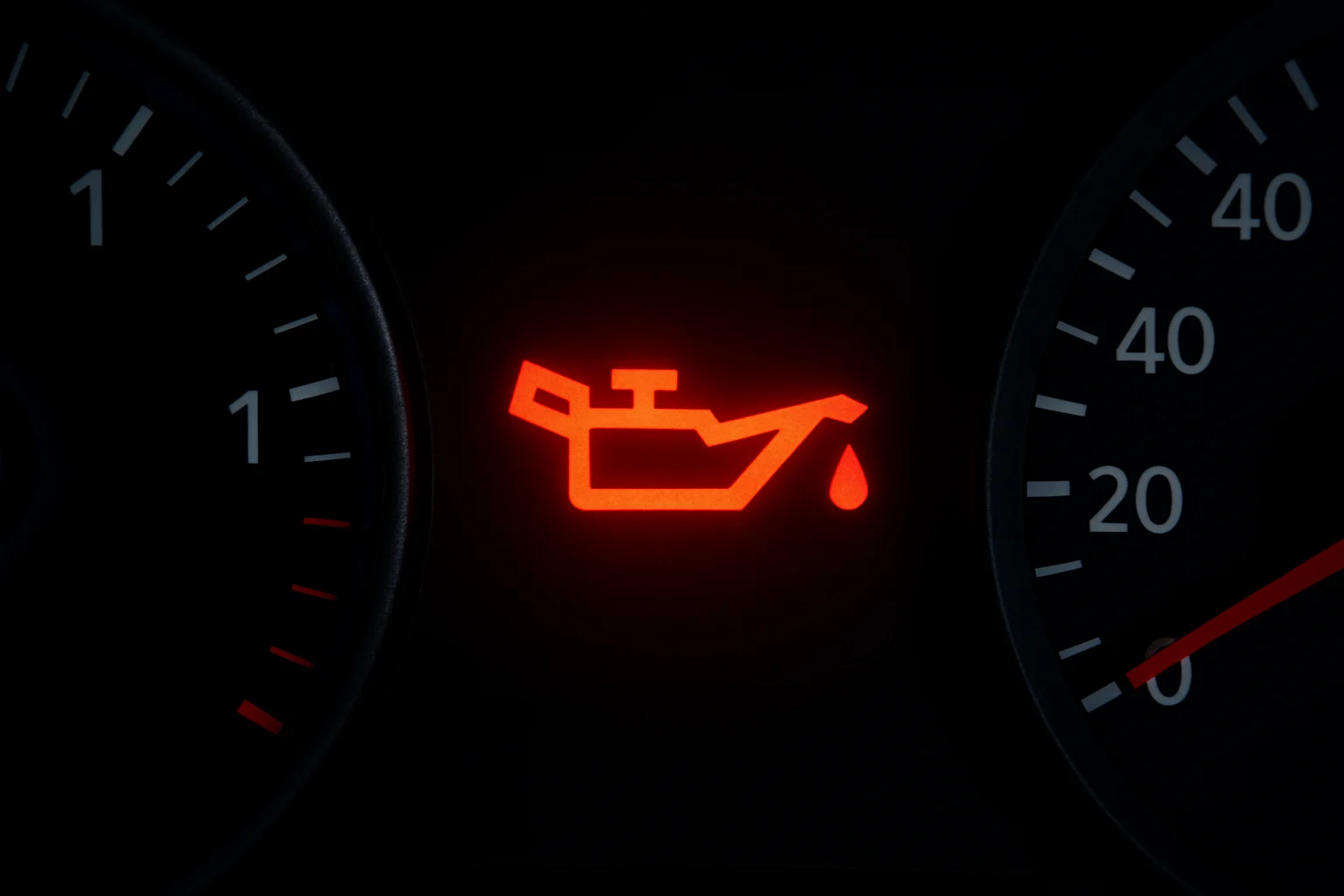 Närbild på den röda varningslampan för lågt oljetryck, som ser ut som en droppande oljekanna.