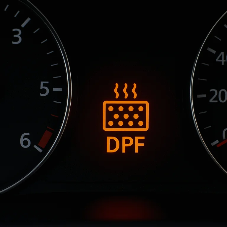 Närbild på den gula varningslampan för partikelfiltret på en dieselbil.