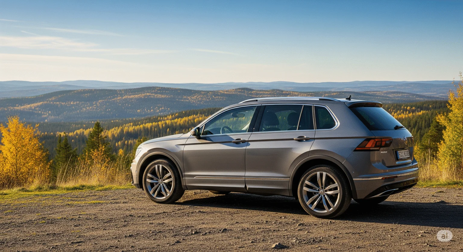 En metallicgrå Volkswagen Tiguan SUV parkerad i en modern miljö, som visar sin flexibla och rymliga design.