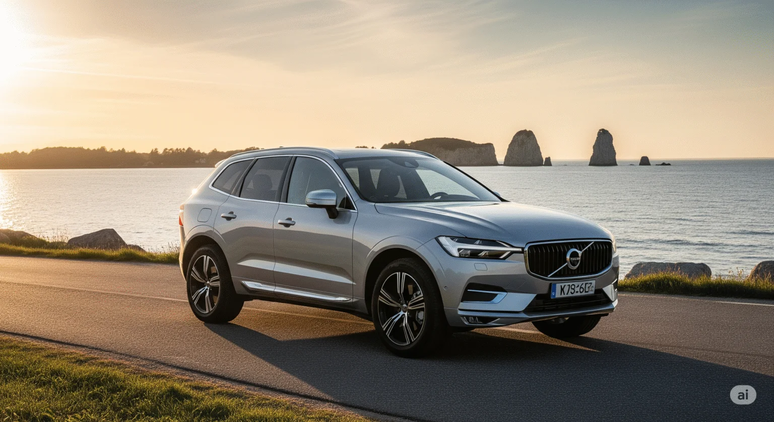 En silverfärgad Volvo XC60 som kör på en svensk landsväg, som representerar en säker och trygg familjebil.
