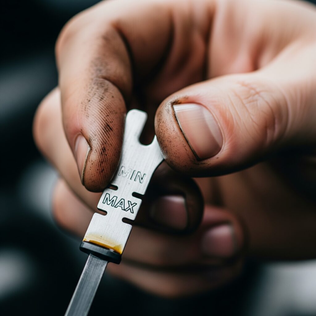 Kontroll av motoroljans nivå på en oljesticka med MIN- och MAX-markeringar.
