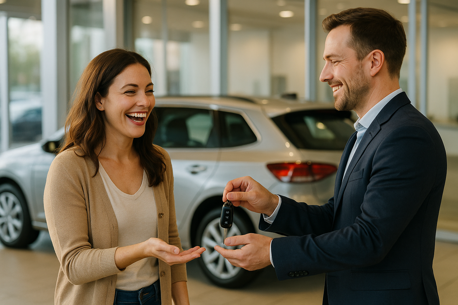 Glad person som tar emot nycklarna till sin nyköpta begagnade bil.