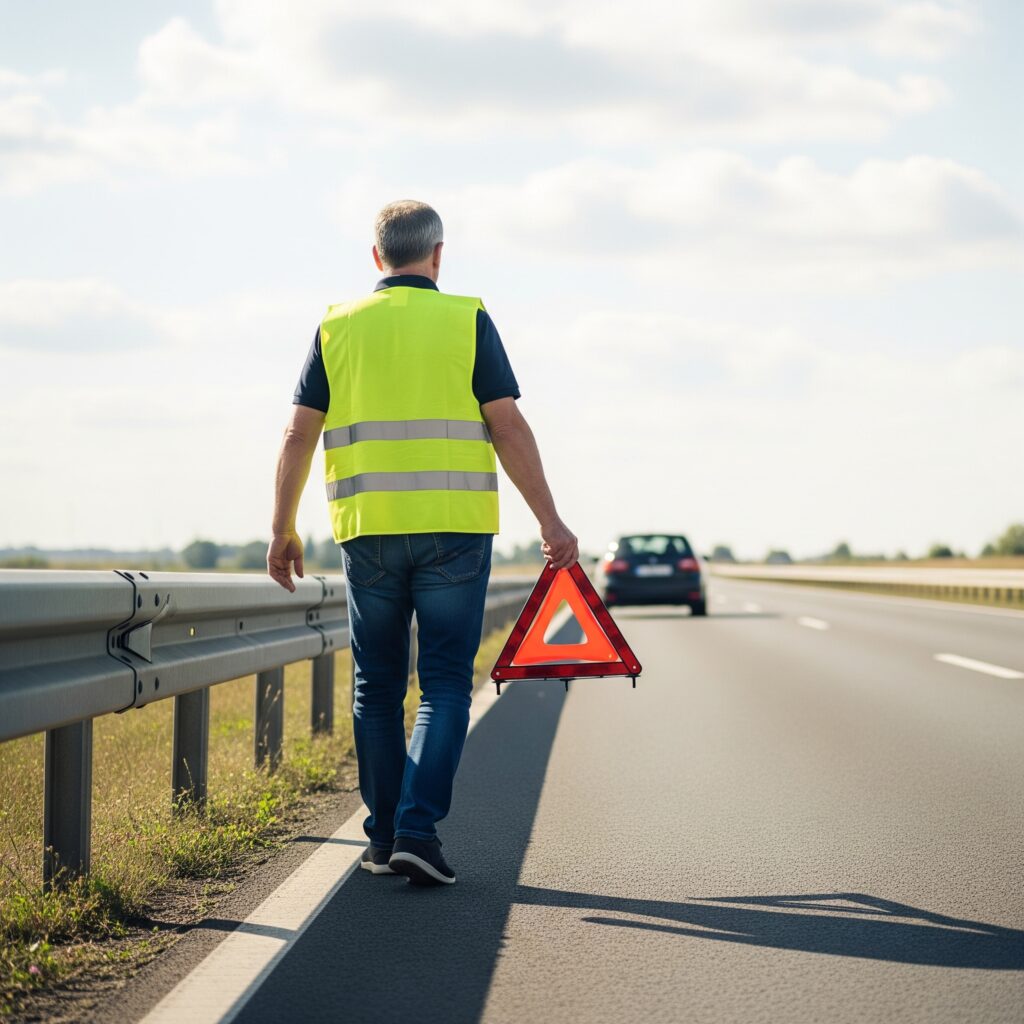 Person med reflexväst placerar ut en varningstriangel bakom en bil vid nödstopp.