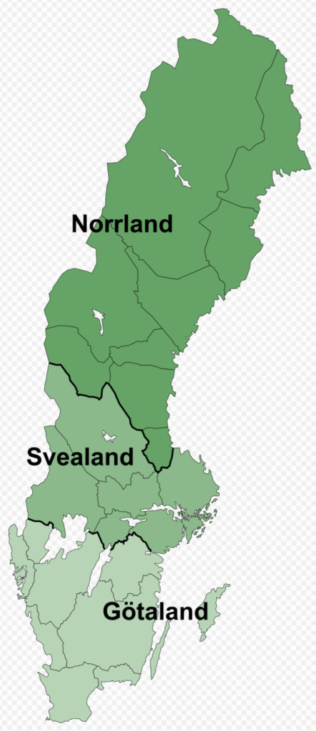 Karta över Sverige uppdelad i tre zoner för däckrekommendationer: Södra Sverige, Mellersta Sverige och Norra Sverige.