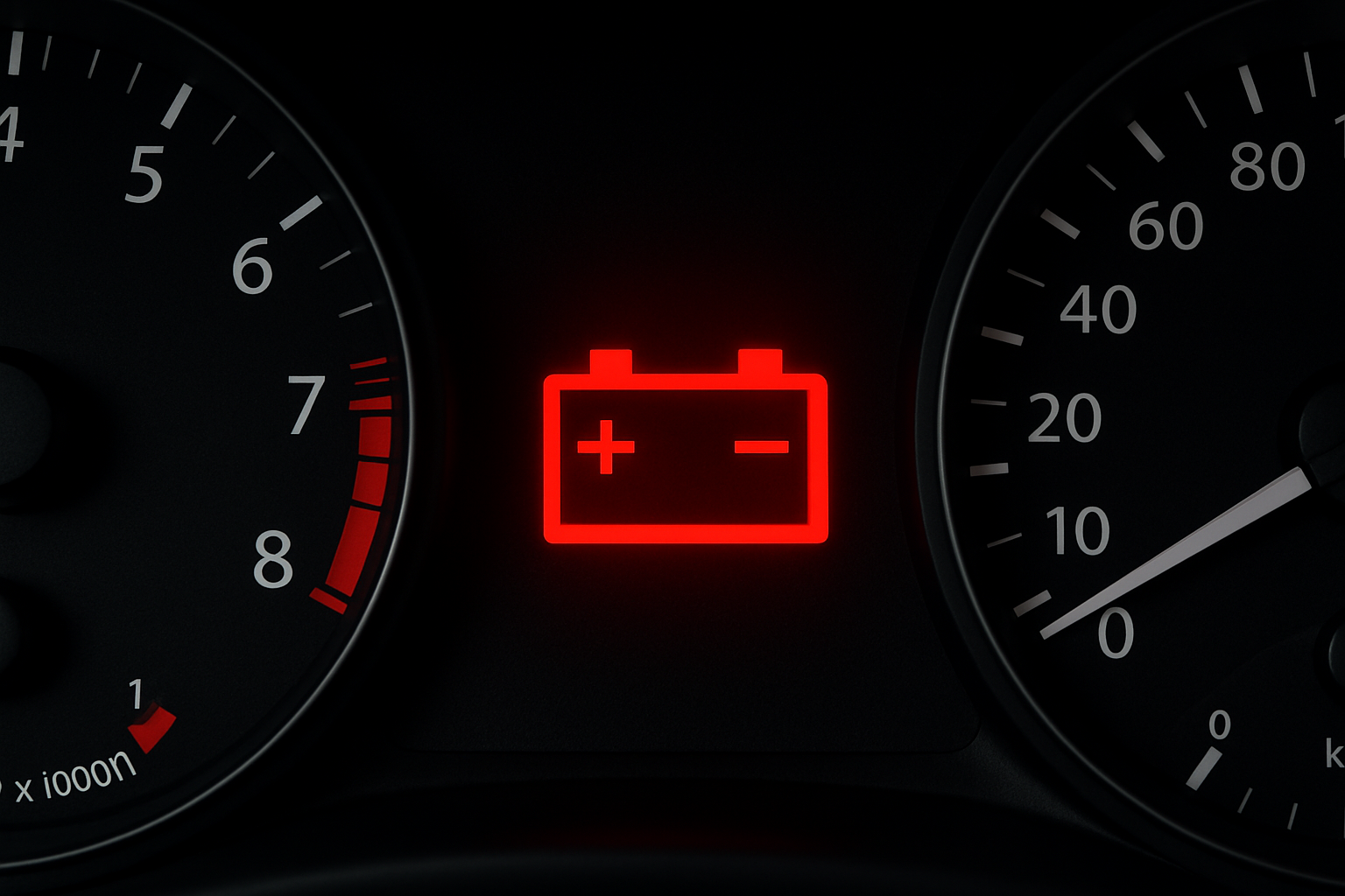 Närbild på den röda varningslampan för batteri och laddningssystem, som ser ut som ett bilbatteri.