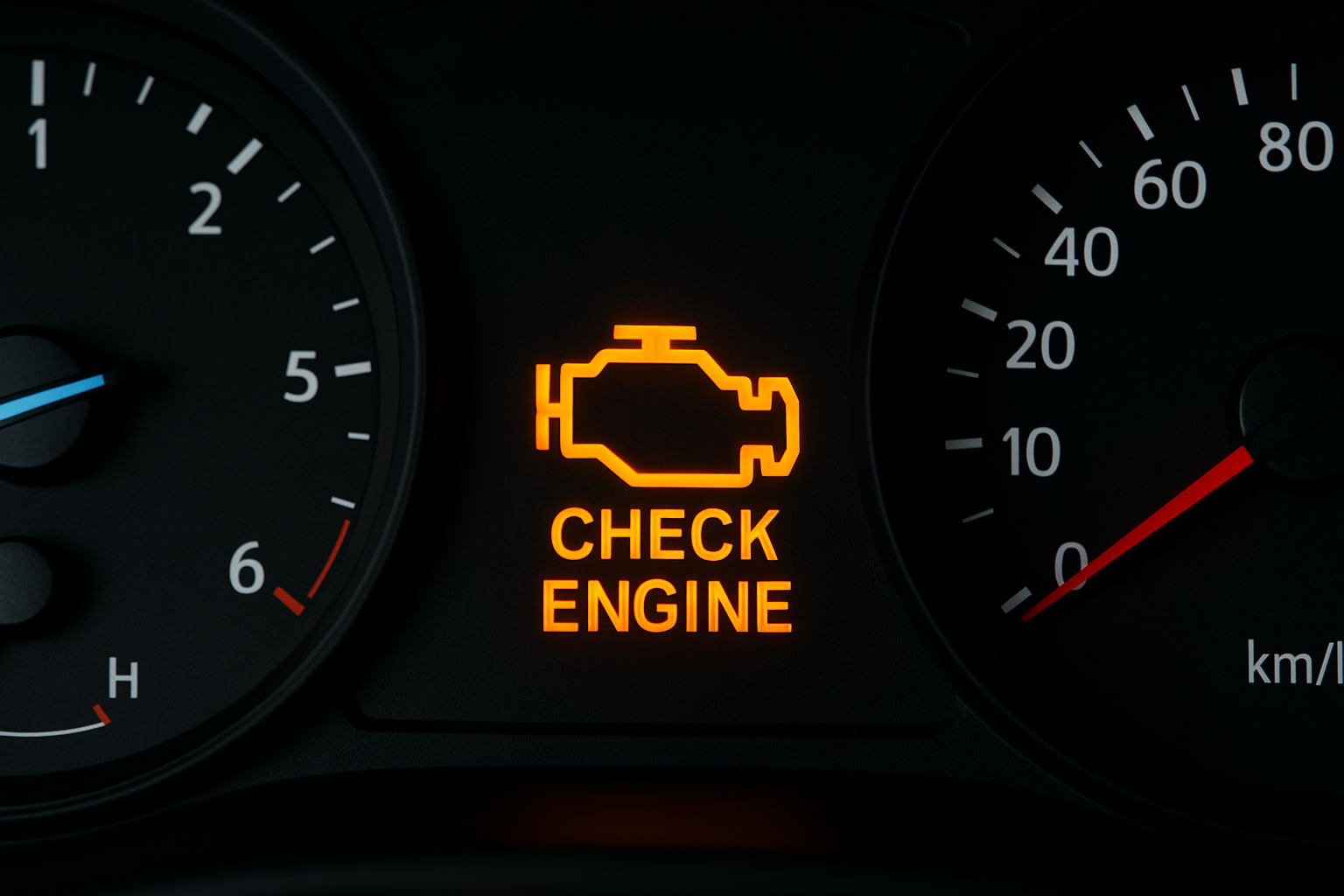 Närbild på den gula varningslampan för motorn, även känd som Check Engine-lampan.