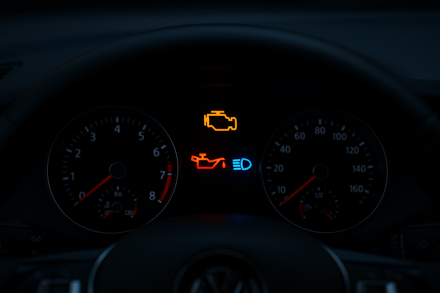 Närbild på en modern bils instrumentpanel där flera varningslampor lyser, inklusive motorlampan och oljetryckslampan.
