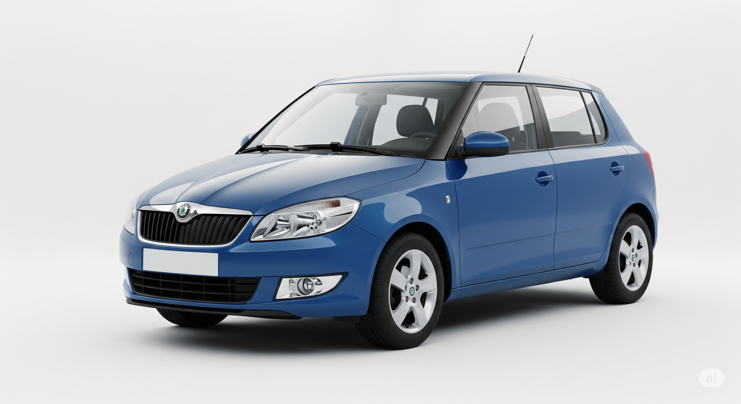 En blå Skoda Fabia, en rymlig och praktisk begagnad bil.