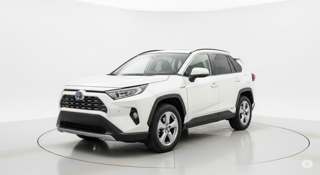 En vit Toyota RAV4 Hybrid, en pålitlig och driftsäker begagnad SUV för familjen.